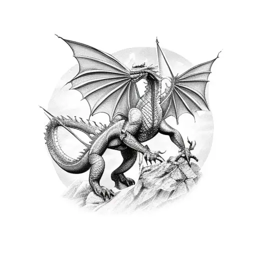 A majestic dragon wrapping around a medieval castle tattoo design idea