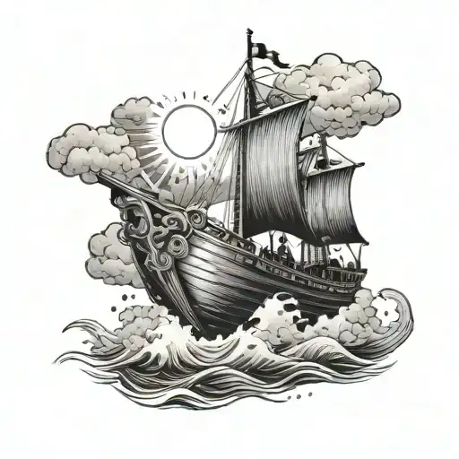 Noahs Ark Boat with a ray of light shining down on it with clouds and people on the boat tattoo design idea