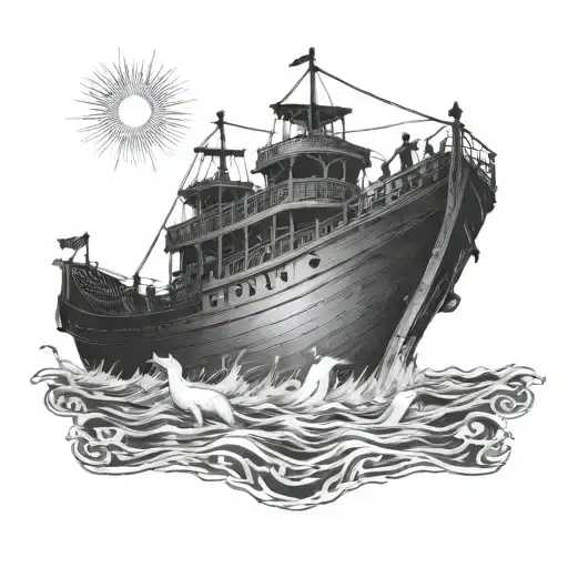 Noahs ark with a ray of light shining down on the boat and with no flags on the boat in water tattoo design idea
