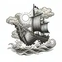 Noahs Ark Boat with a ray of light shining down on it with clouds and people on the boat tattoo design idea