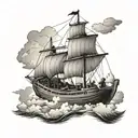 Noahs Ark Boat with a ray of light shining down on it with clouds and people on the boat tattoo design idea