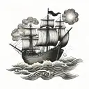 Noahs Ark Boat with a ray of light shining down on it with clouds and people on the boat tattoo design idea