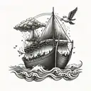 Noahs Ark Boat with a ray of light shining down on it with clouds and people on the boat tattoo design idea