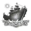 Noahs ark with a ray of light shining down on the boat and with no flags on the boat in water tattoo design idea