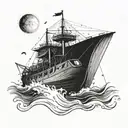 Noahs ark with a ray of light shining down on the boat and with no flags on the boat in water tattoo design idea