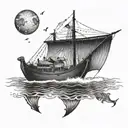 Noahs ark with a ray of light shining down on the boat and with no flags on the boat in water tattoo design idea