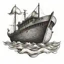 Noahs ark with a ray of light shining down on the boat and with no flags on the boat in water tattoo design idea