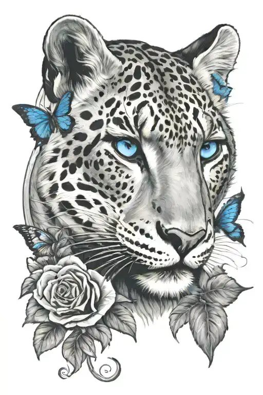 blue-eyed snow leopard surrounded by blue butterflies and roses tattoo design idea