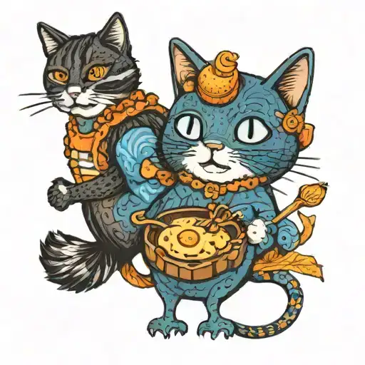 A unique tattoo design combining elements of crochet patterns and baking ingredients with a cat and a little blue penguin tattoo design idea