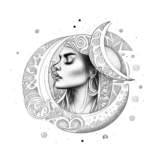 A sleeping moon goddess adorned with Tongan floral patterns tattoo design idea