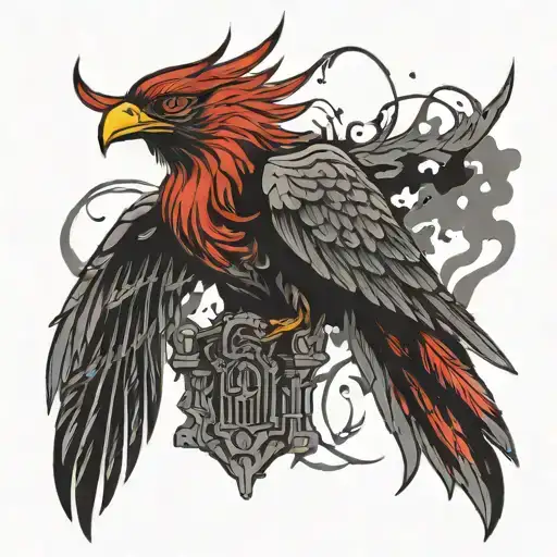 Phoenix rises from the ashes cemetery haze black and red cyberpunk 3d effect tattoo design idea