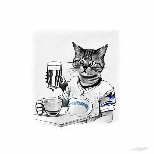  outlined drawing with no color of a cat drinking a beer out of a beer mug wearing a new england patriots jersey tattoo design idea