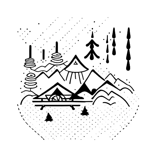 A minimalist design of a traditional Korean camping scene tattoo design idea