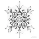 A dotwork tattoo of a snowflake-shaped architectural structure, with a motorcycle parked nearby tattoo design idea