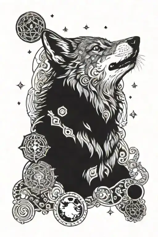 wolf howling on moon surrounded by kazkah ornaments and symbols tengri background tattoo design idea