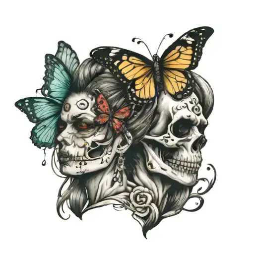 skull and butterfly and angry woman portrait tattoo design idea