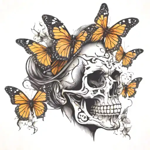skull and butterfly and angry woman portrait tattoo design idea