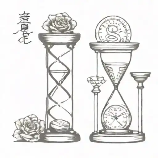 Coin, hourglass filled, memento mori text tattoo design idea