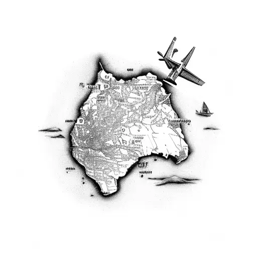 the map of Puerto Rico to the left, the map of spain to the right with an airplane flying between both maps tattoo design idea