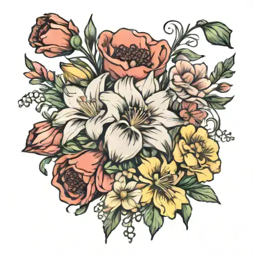  flower bouquet with daffodils, carnation, gladiolus, poppy, morning glory and cosmos tattoo design idea