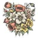  flower bouquet with daffodils, carnation, gladiolus, poppy, morning glory and cosmos tattoo design idea