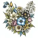 flower bouquet with daffodils, carnation, gladiolus, poppy, morning glory and cosmos tattoo design idea