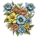  flower bouquet with daffodils, carnation, gladiolus, poppy, morning glory and cosmos tattoo design idea