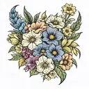  flower bouquet with daffodils, carnation, gladiolus, poppy, morning glory and cosmos tattoo design idea