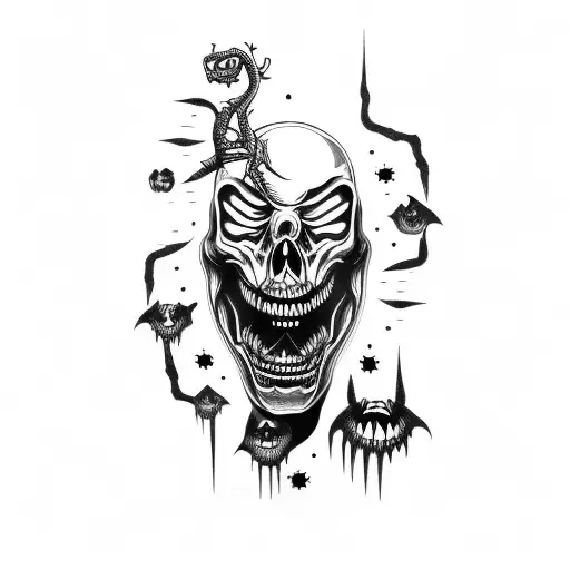 scary face with sharp teeth psychedelic tattoo on leg tattoo design idea