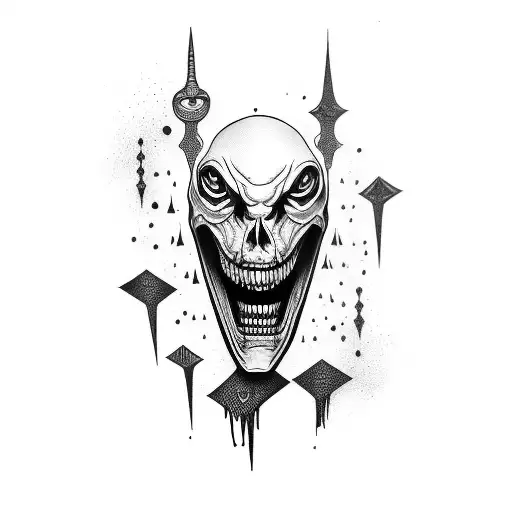 scary face with sharp teeth psychedelic tattoo on leg tattoo design idea