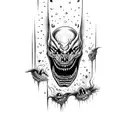 scary face with sharp teeth psychedelic tattoo on leg tattoo design idea