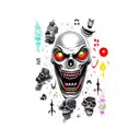 scary face with sharp teeth psychedelic tattoo on leg tattoo design idea