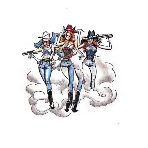 3 pinup girls. one with cowgirl clothing  tattoo design idea