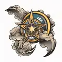a 5 pointed star with a crescent and floating clouds tattoo design idea