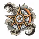 a 5 pointed star with a crescent and floating clouds tattoo design idea