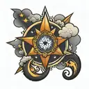 a 5 pointed star with a crescent and floating clouds tattoo design idea