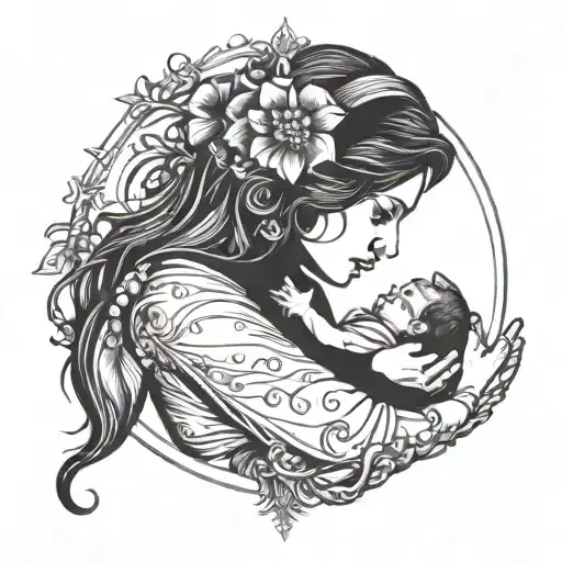 Incorporate elements of motherhood (such as baby footprints or a mother and child silhouette) into a celestial-themed design tattoo design idea