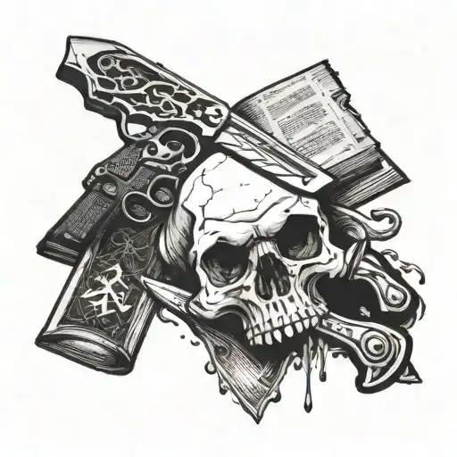 A knife and a revolver crossing over a book, underneath skull and crossbones  tattoo design idea