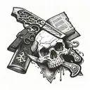 A knife and a revolver crossing over a book, underneath skull and crossbones  tattoo design idea