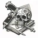 A knife and a revolver crossing over a book, underneath skull and crossbones  tattoo design idea