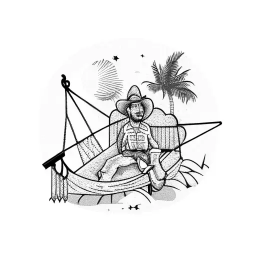 a cowboy laying in a hammock between two palm trees tattoo design idea