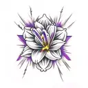 Grace and faith words shaped as a cross with surrounding flowers purple aster, day lily, sunflowers, and purple rose  tattoo design idea