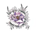 Grace and faith words shaped as a cross with surrounding flowers purple aster, day lily, sunflowers, and purple rose  tattoo design idea