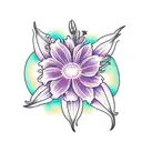 Grace and faith words shaped as a cross with surrounding flowers purple aster, day lily, sunflowers, and purple rose  tattoo design idea