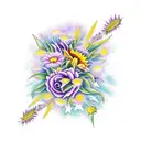 Grace and faith words shaped as a cross with surrounding flowers purple aster, day lily, sunflowers, and purple rose  tattoo design idea
