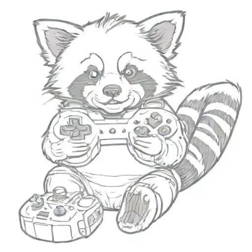 A red panda playing a video game controller as if it's a musical instrument tattoo design idea