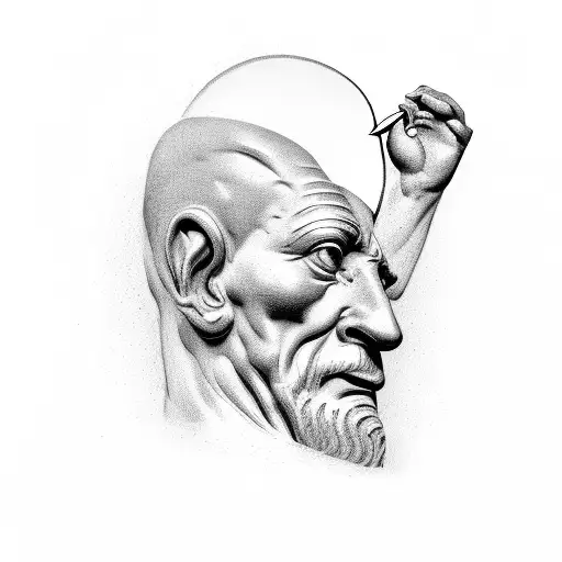 statue of a man sculping himself with a hammer half way done with the head being a blank stone tattoo design idea