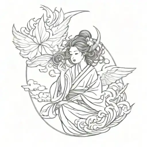 Fuse Japanese traditional  with angelic elements in a blackwork design tattoo design idea