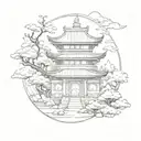 Fuse Japanese architecture with angelic elements in a blackwork design tattoo design idea
