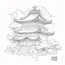 Fuse Japanese architecture with angelic elements in a blackwork design tattoo design idea